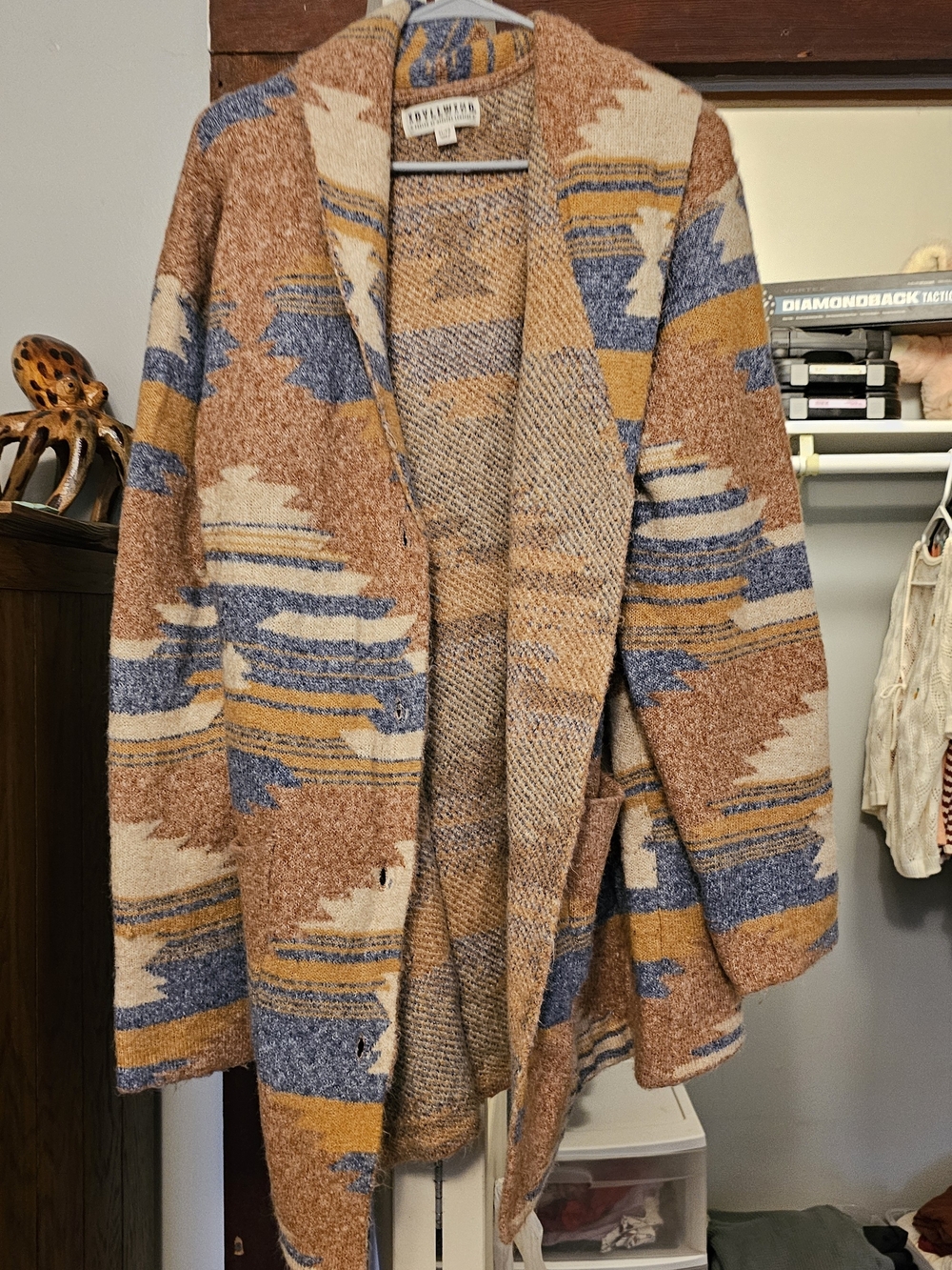 Idyllwind Tan, Blue & Mustard Patterned Shawl Cardigan